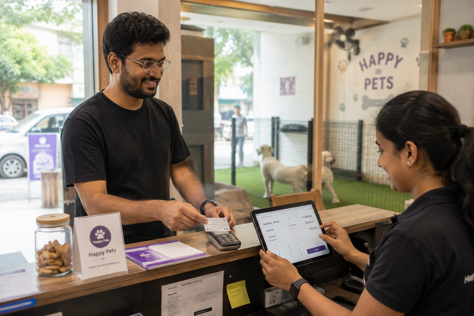 Pet parents happily reciving the transparent invoice generated by happy pet tech